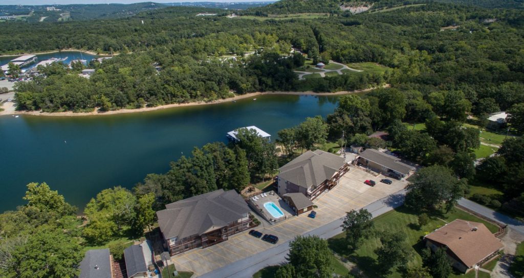 Aerial shot of resort and lake