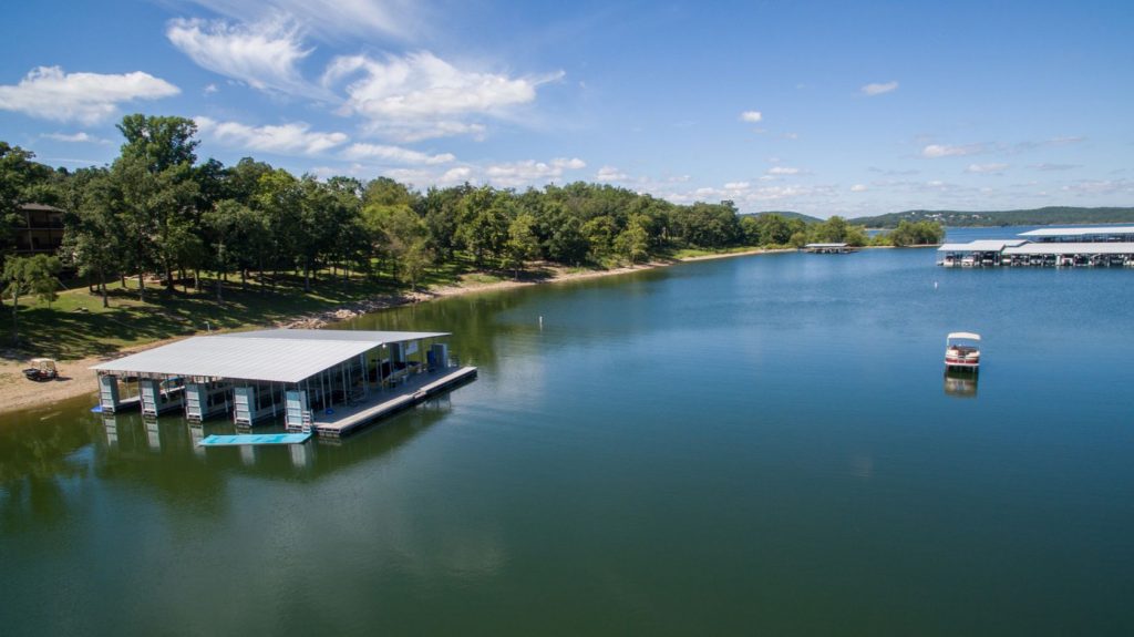 Aerial shot of lake and dock