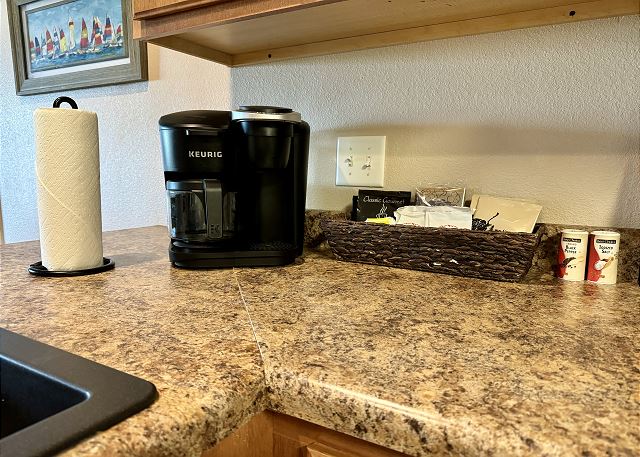 Keurig and coffee station inside Condo A-4