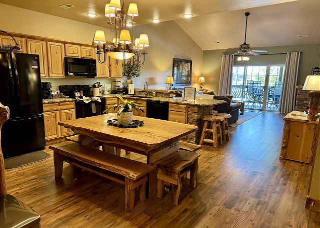 Lodge-style open kitchen dining and living area in Condo B-8